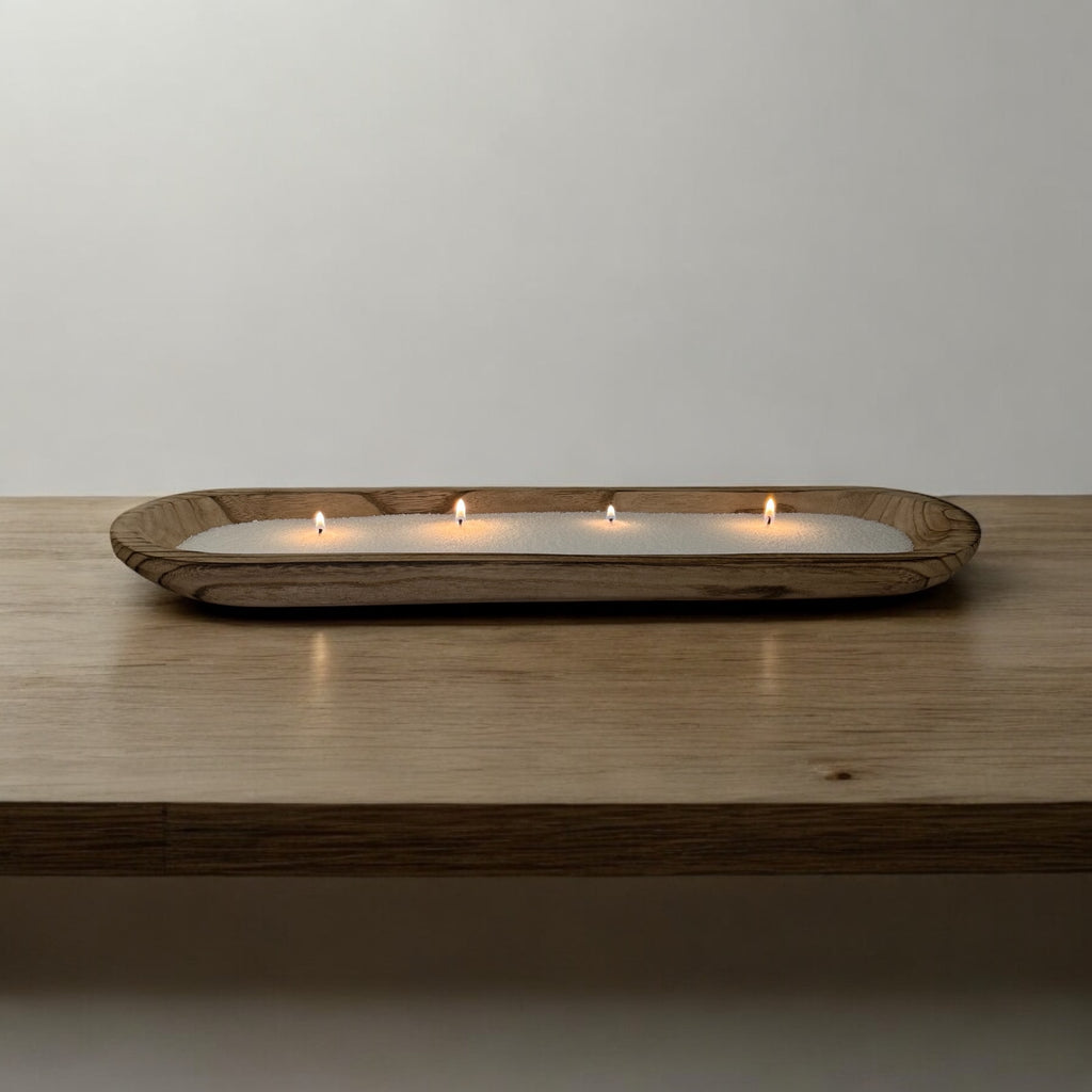 Recipiente de madera natural para velas | Molde decorativo artesanal para cera perlada | Bandeja para velas largas