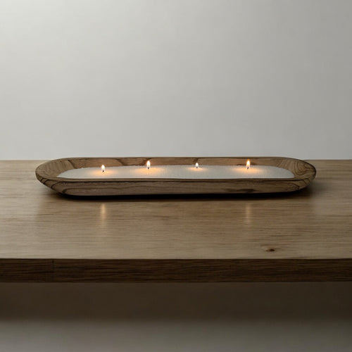 Recipiente de madera alargado para velas | Molde artesanal para cera perlada | Base decorativa natural