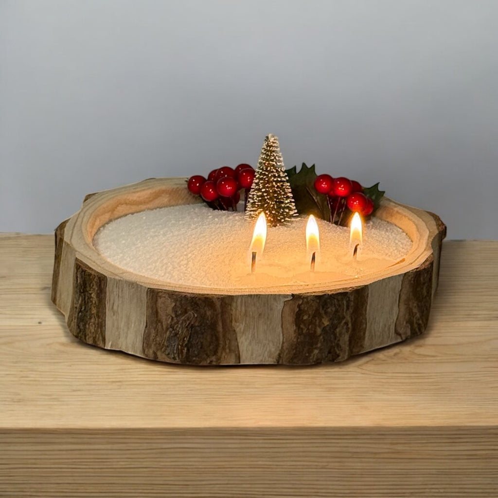 Recipiente de madera rústica tipo tronco para velas | Base artesanal para cera perlada | Bowl decorativo natural