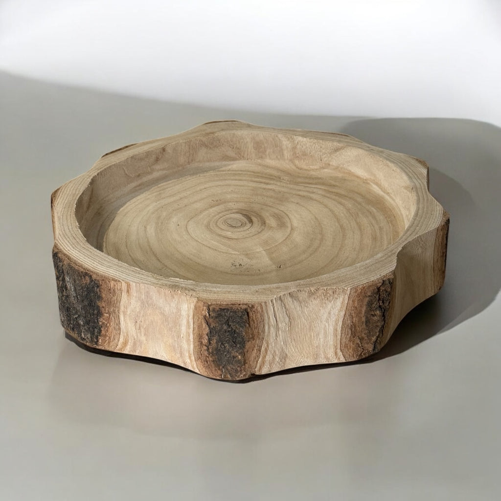 Recipiente de madera rústica tipo tronco para velas | Base artesanal para cera perlada | Bowl decorativo natural