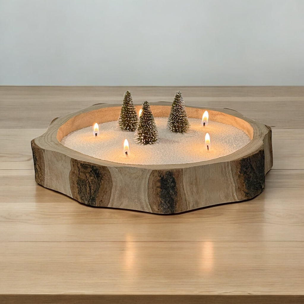 Recipiente redondo de madera rústica para velas | Molde artesanal para cera perlada | Base decorativa estilo natural